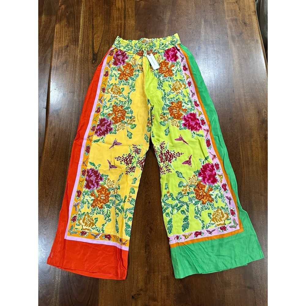 Anthropologie Floral Scarf Print Wide Leg Pants Smocked Waist Multi XS New - Picture 7 of 9